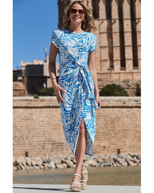 Sosandar Blue Animal Print Knot Detail Jersey Midi Dress