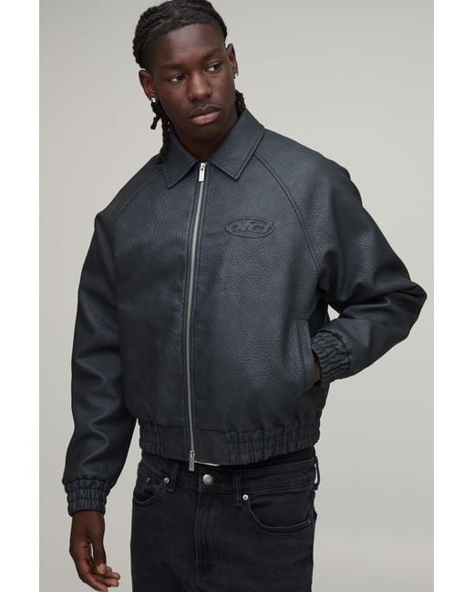 BoohooMAN Blue Boxy Fit Embossed Ofcl Collared Bomber Jacket for men