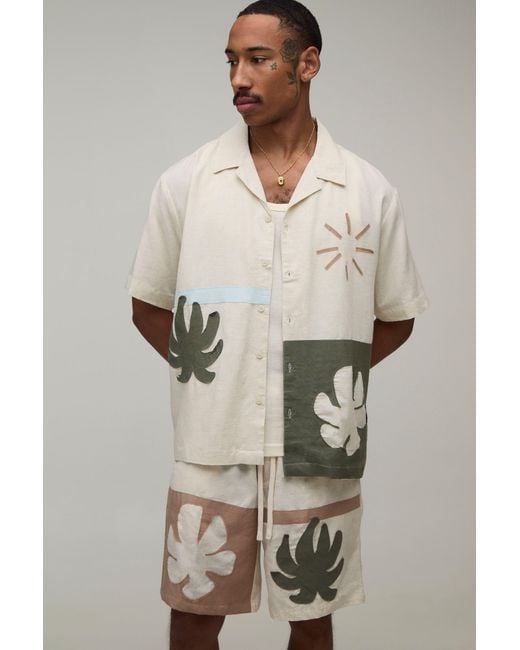 BoohooMAN Natural Palm Applique Oversized Linen Shirt & Baggy Short Set for men