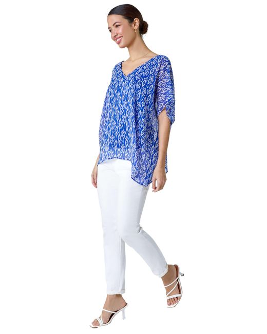 Roman Blue Abstract Print V-Neck Overlay Tunic Top