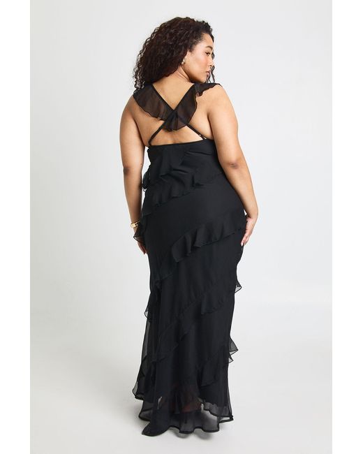 Boohoo Black Plus Chiffon Ruffle Strappy Maxi Dress