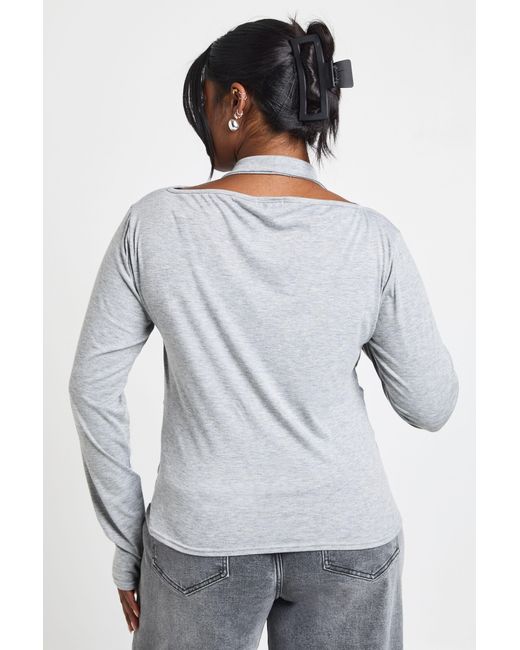 Boohoo Gray Plus Halterneck Cowl Double Layer Long Sleeve Top