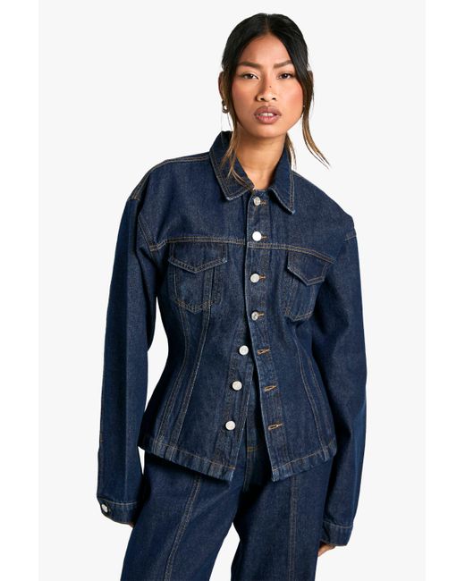 Boohoo Blue Cinched Waist Contrast Stitch Raw Denim Jacket