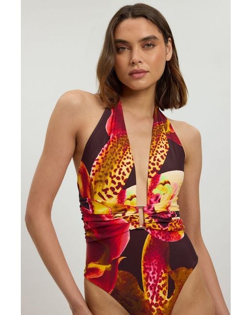 Karen Millen Black Orchid Print Plunge Swimsuit