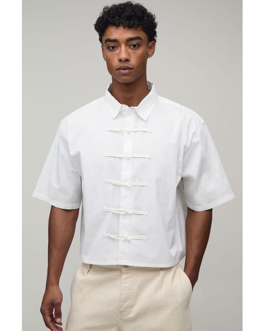 BoohooMAN White Boxy Crop Half Sleeve Frog Fastening Shirt for men