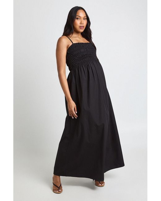 Boohoo Black Materntiy Cotton Poplin Shirred Strappy Maxi Dress