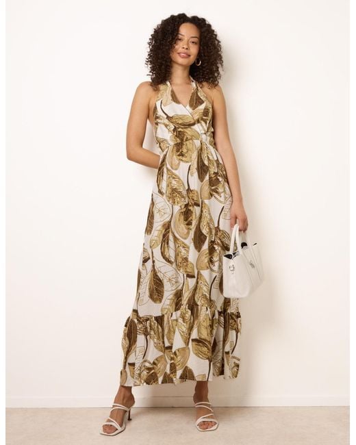 Blue Vanilla Natural Leaf Print Halter Neck Dress