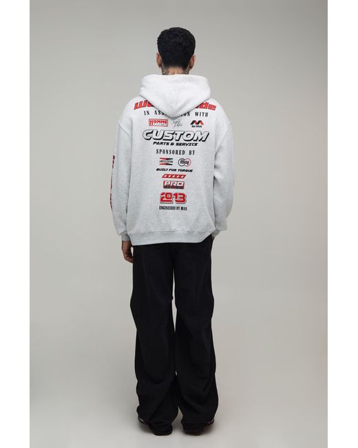 BoohooMAN Gray Tall Marl Oversized Moto Crest Print Hoodie Cotton for men