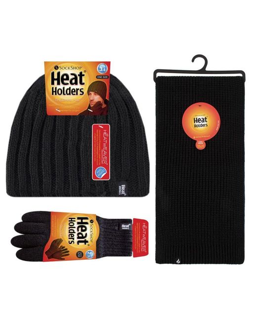 Heat Holders Black Knitted Beanie Hat Scarf Gloves Set for men