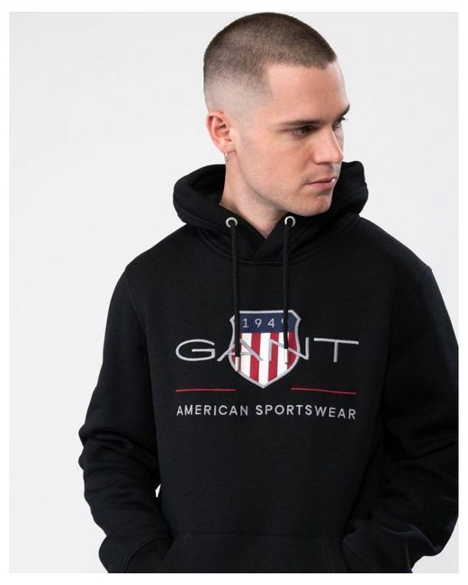 Gant Black Regular Fit Archive Shield Pullover Hoodie for men