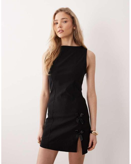 ASOS Natural Bengaline Mini Slash Neck Dress With Bow Detail