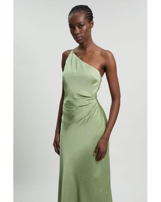 Karen Millen Green Viscose Satin Asymmetric Detail Midi Dress