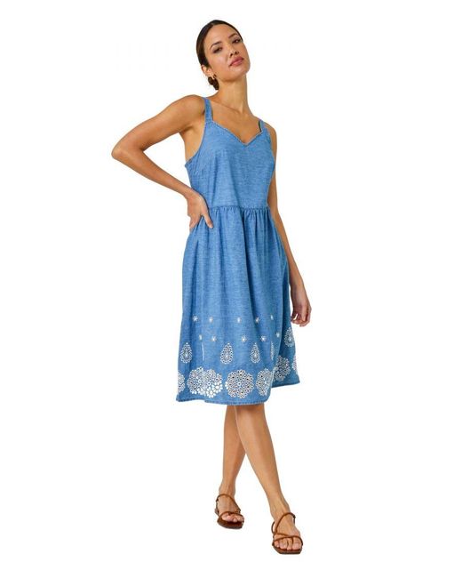 Roman Blue Sleeveless Cotton Embroidered Midi Dress