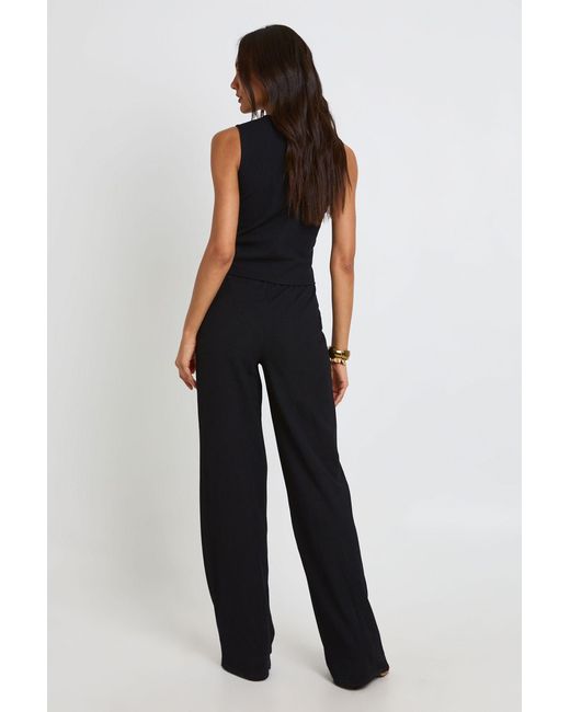 Boohoo Blue Tall Crinkle Rib Button Through Sleeveless Top And Trouser Set