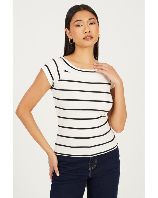 Brave Soul White Striped Scoop Neck Short Sleeve Top