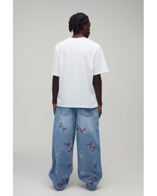BoohooMAN Blue Floral Patchwork Super Baggy Jeans for men