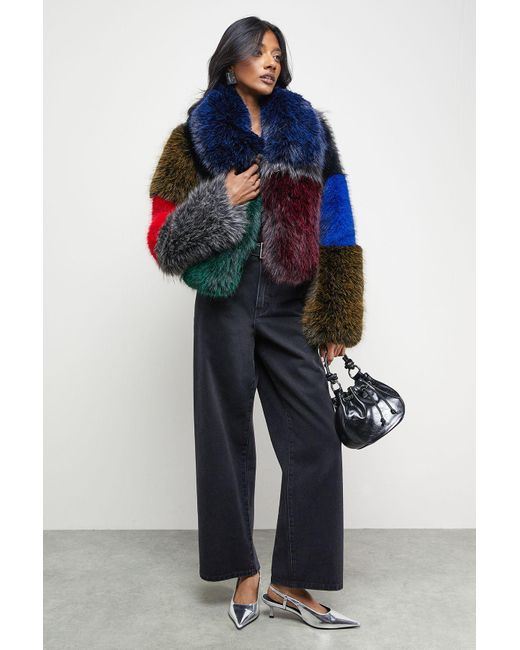 Warehouse Blue Multi -Coloured Panelled Faux Fur Coat