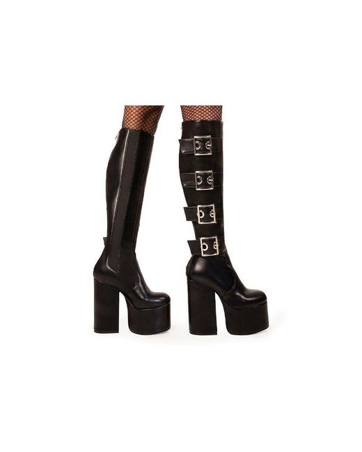 Lamoda Black Knee High Boots Fyp Round Toe Platform Heels With Zipper & Buckles