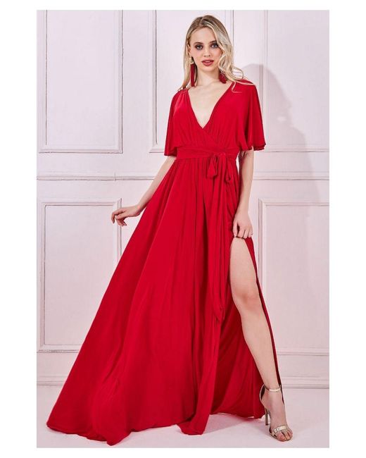 Goddiva Red Wrap Front Maxi With Flutter Sleeves