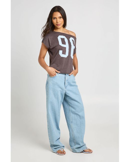 Boohoo Blue Off The Shoulder 96 Graphic Tee