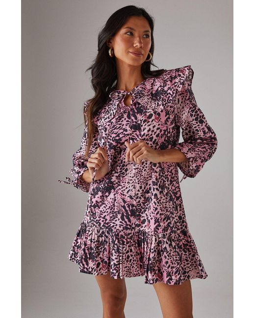 Warehouse Pink Animal Poplin Oversized Collar Tie Detail Mini Smock Dress