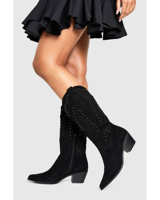 Boohoo Black Studded Embroidered Western Boots