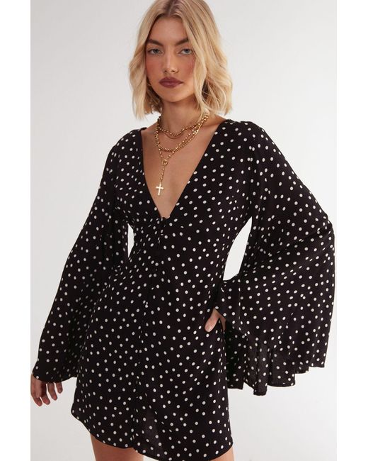 Nasty Gal Black Polka Dot Button Down Extreme Flared Sleeve Mini Dress