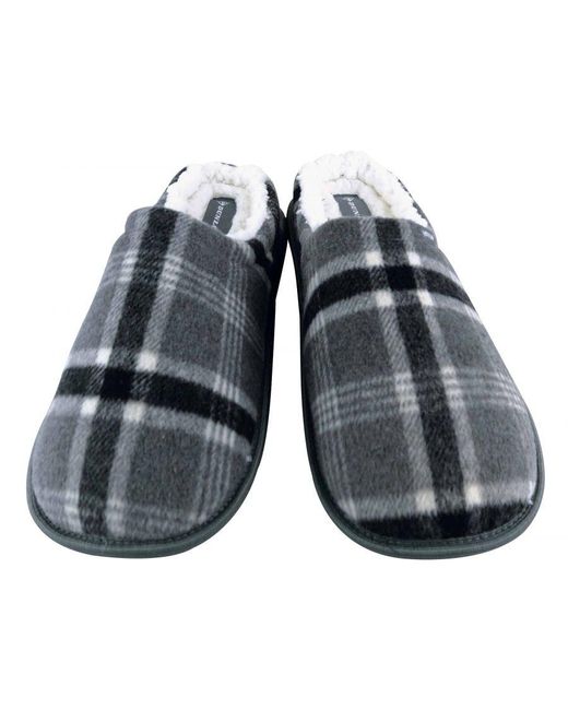 Dunlop Gray Warm Plush Fleece Lined Slip On Mule Checked Plaid House Slippers for men