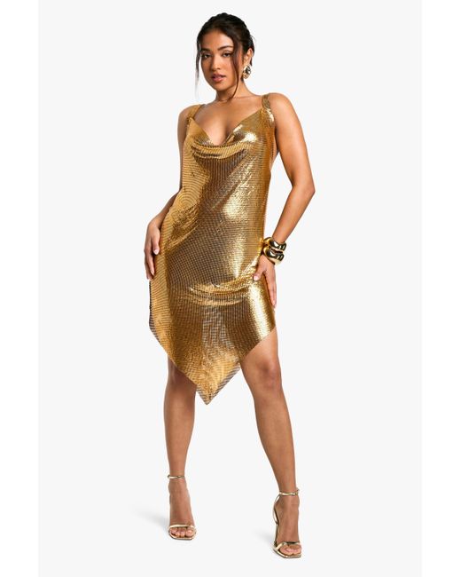 Boohoo Metallic Petite Chainmail Cowl Neck Midi Dress