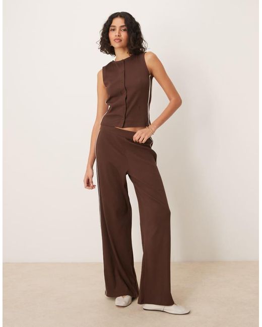 ASOS Natural Co-Ord Super Wide Leg Trouser With Contrast Piping