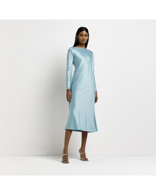 River Island Blue Slip Midi Dress Satin Long Sleeve
