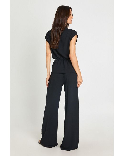 Boohoo Blue Tall Hammered Knot Front Cowl Neck Blouse Wide Leg Trouser Co-Ord