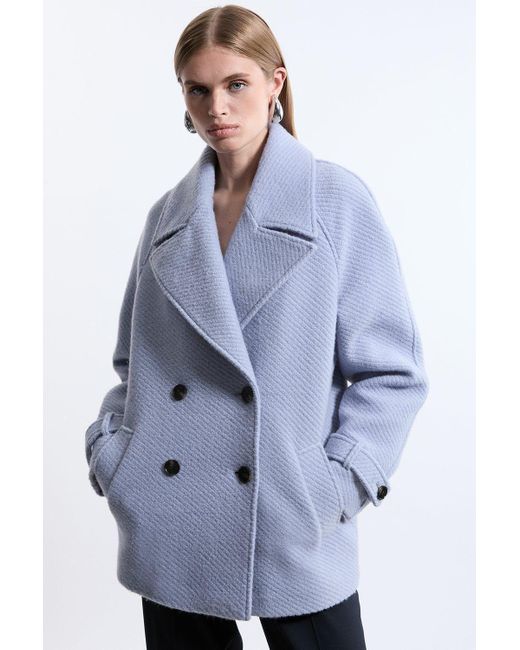 Karen Millen Blue Petite Textured Wool Blend Pea Coat