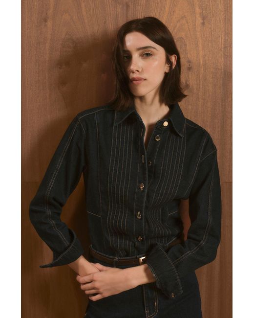 Karen Millen Brown Denim Corset Stitch Detail Shirt