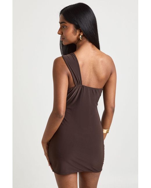 Boohoo Brown Slinky Trim Detail One Shoulder Dress