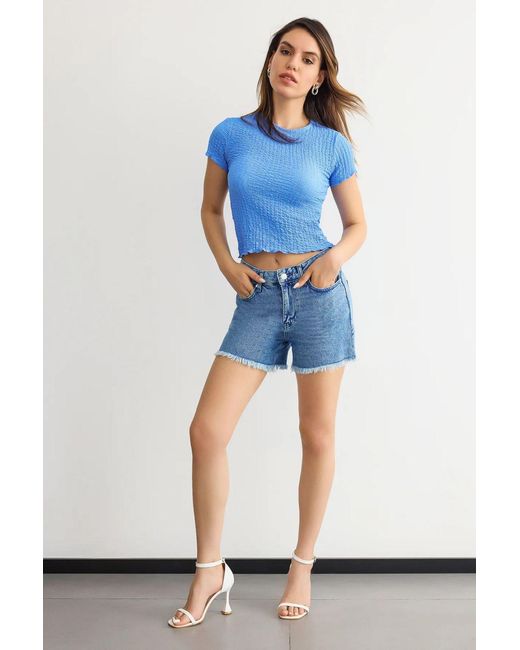 Hiccup Blue Short-Sleeve Round Neck Cropped Top