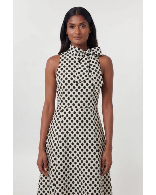 Karen Millen White Spot Jacquard Tailored Bow Neck Full Skirted Midi Dress