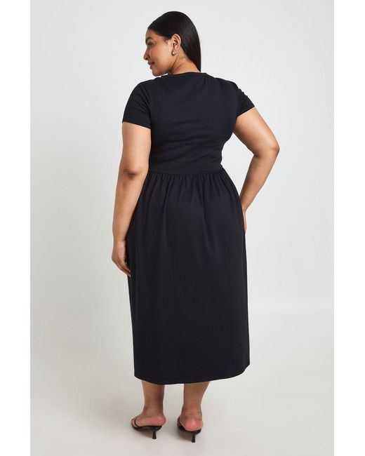 Boohoo Black Plus Cotton Cinched Waist Cap Sleeve Midi Dress