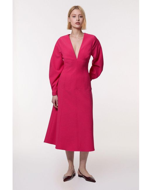 Karen Millen Pink Petite Textured Tailored Dropped Waist Sleeved Midaxi Dress