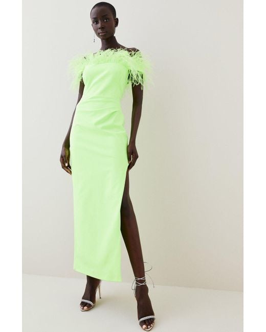 Karen Millen Green Feather Bardot Stretch Crepe Tailored Maxi Dress