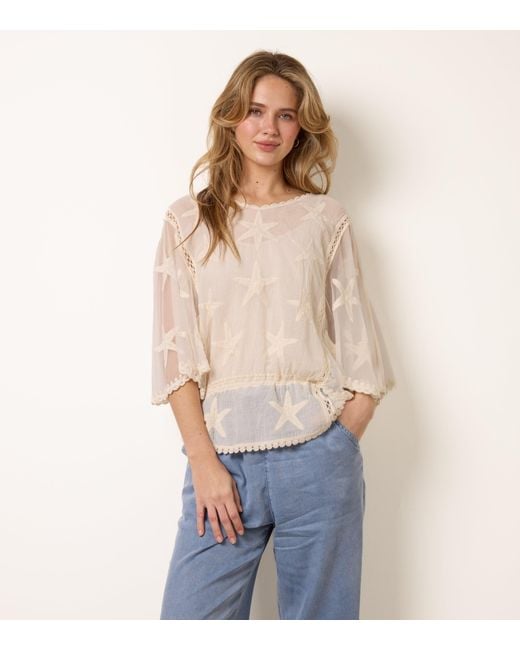Blue Vanilla Blue Star Fish Embroidered Butterfly Sleeve Blouse