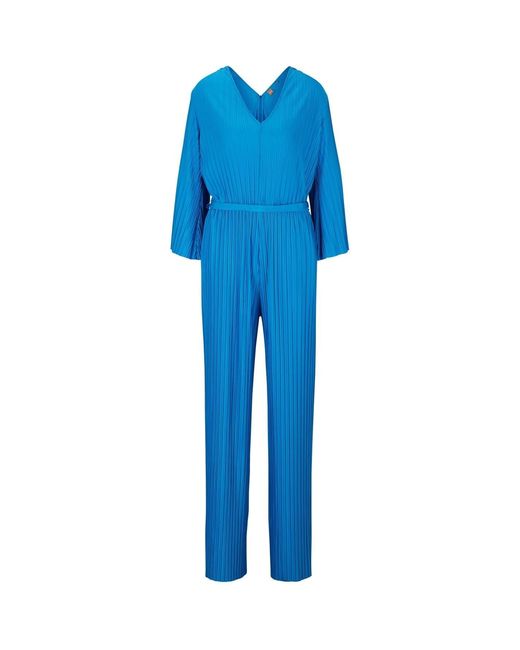 Boss Blue V-Neck Three Quarter Sleeve Vertical Stripe Blouson Jumpsuit