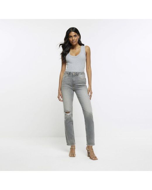 River Island White Straight Jeans Ripped High Waisted Slim Cotton