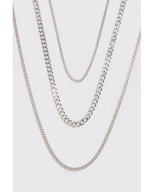 BoohooMAN White 3 Pack Chain Necklace In Silver for men