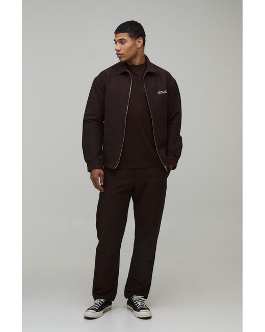 BoohooMAN Black Textured Twill Regular Zip Up Overshirt & Straight Trouser Set for men