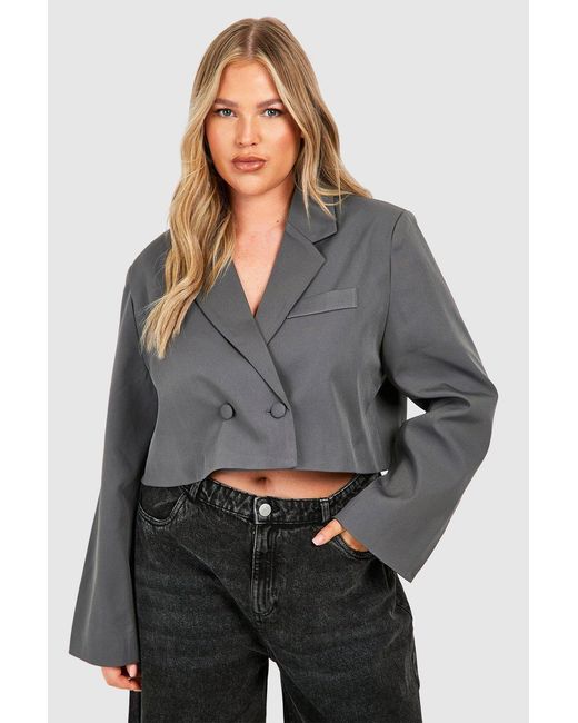 Boohoo Gray Plus Double Breasted Boxy Crop Blazer