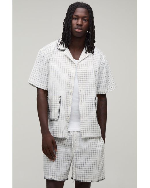 BoohooMAN White Windowpane Check Blanket Stitch Oversized Short Sleeve Shirt & Baggy Set for men