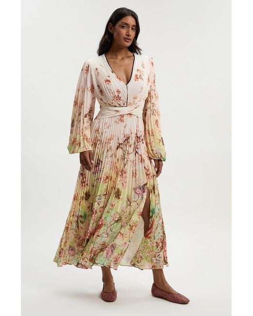 Karen Millen Natural Scattered Floral Balloon Sleeve Pleated Crinkle Cut Out Woven Maxi Dress
