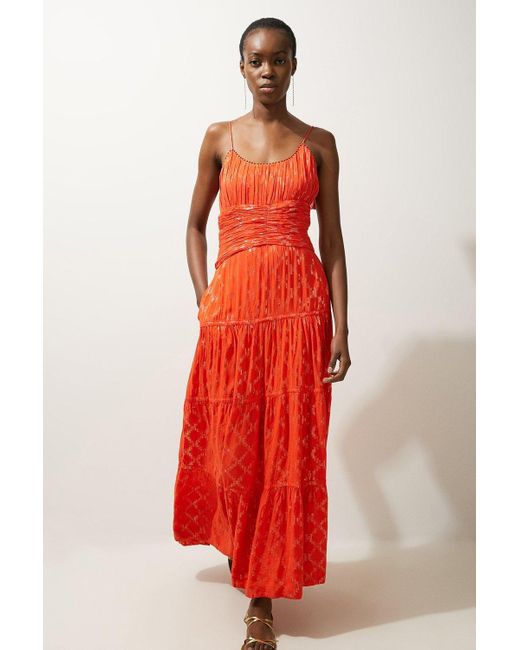 Karen Millen Red Viscose Metallic Thread Strappy Woven Sun Dress