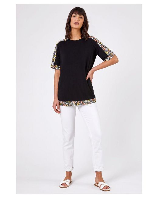 Roman Black Floral Print Contrast Jeresey Top